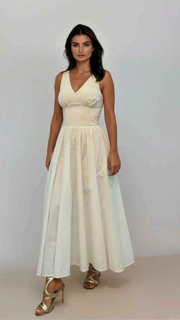 PRE ORDER: Lysandra V Neck Midi White Dress